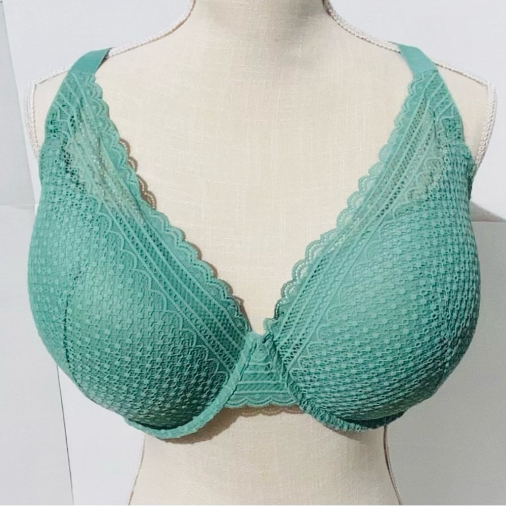 NWT 46DD Auden Lace Plunge Pushup Bra With Underwire, Green Teal